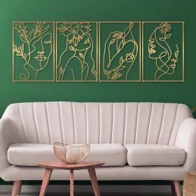 4 Pack Gold Wall Art Decor, Female Flower Face Lover Minimalist Décor Single Line Art Wall Décor, Real Metal Wall Art