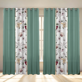6-Panel Window Curtain Set, Sage Green Floral & Solid Color Combo, 38" x 84" Each, Light Filtering Decorative Drapes with Stainless Steel Grommets