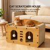 Cat Scratcher House with Bed and Hanging Pom-Pom Toy, Wooden Cat Cave with Corrugated Scratching Board