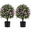 2 Pack Artificial Eucalyptus Topiary Trees with Cement Planter for Home Decor Evergreen Faux Eucalyptus Plants with Blooming Flowers
