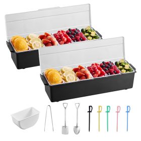 Ice Cooled Condiment Serving Container, 6 Compartments Chilled Server, Fruit Veggie Condiment Caddy, Plastic Garnish Station Lid Dispenser Tray