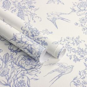Cream White and Blue Peel and Stick Wallpaper Vintage Floral Contact Paper 16.9"x 118.1" Blue Floral Wallpaper Peel and Stick Birds Self Adhesive Remo
