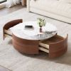 Modern Round Movable Coffee Table with Casters, 2 Drawers, Marble Pattern Sintered Stone Top, Walnut, 29.5"