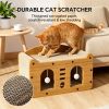 Cat Scratcher House with Bed and Hanging Pom-Pom Toy, Wooden Cat Cave with Corrugated Scratching Board