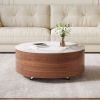 Modern Round Movable Coffee Table with Casters, 2 Drawers, Marble Pattern Sintered Stone Top, Walnut, 29.5"