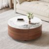 Modern Round Movable Coffee Table with Casters, 2 Drawers, Marble Pattern Sintered Stone Top, Walnut, 29.5"