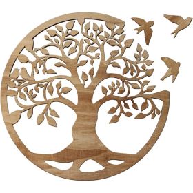 Wooden Tree Of Life Wall Art 12 Inch Round, Tree Wall Decor With 3 Birds For Living Room, Bedroom, Entryway And Home Decor (Option: WOODEN)