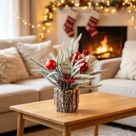 Artificial Mini Tabletop Christmas Tree, Vintage Fir Decor with Bark Wooden Base, Pre-Decorated Berries Pinecones, Indoor Outdoor Holiday Desktop (Option: As pic)