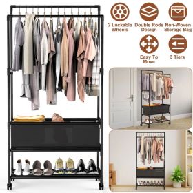 3 Tiered Portable Clothing Rack For Bedroom Entryway Double Hanging Rods Sturdy Iron Garment Rack With Double Hanging Rods Adjustable Storage Bag (Option: As pic)