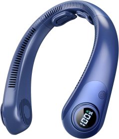 Portable Neck Fan that Blow Cold Air, LED Display, Rechargeable Hands-Free Wearable Cooling Personal Fan, 5 Speed, Neck Support (Color: Navy blue)