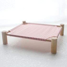 Cat & Dog Hammock Bed – Wooden Elevated Pet Cot with Breathable Mesh – Raised Cat Bed for Small Pets (Color: Pink Grid)
