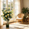39.5 Inch Artificial Camellia Tree with Orange Blossoms in Cement Pot for Home Decor Faux Plant with Realistic Flowers